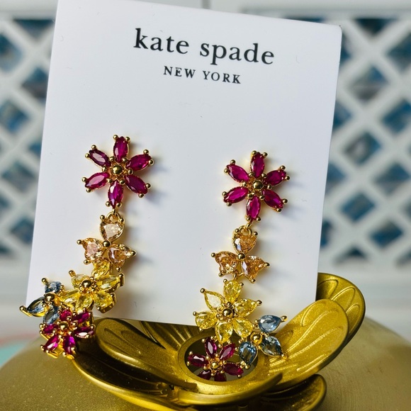 kate spade Pink, Yellow & Blue Floral Crystal 1.5” Drop Earrings. New. - Picture 4 of 4